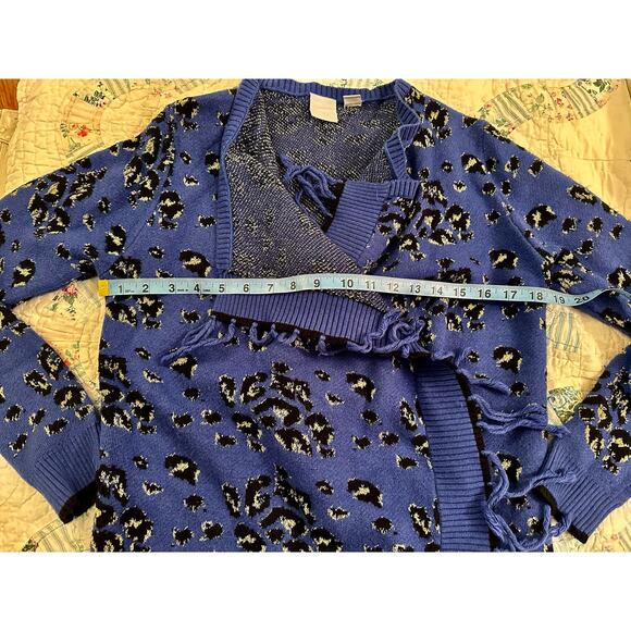 BOHO BLUE ANIMAL PRINT LEOPARD FRINGED CARDIGAN SWEATER S/M - Picture 5 of 10